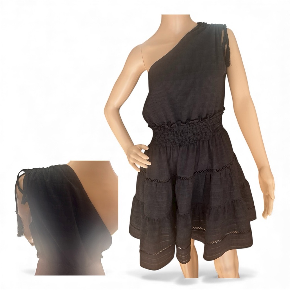 Taylor Black One Shoulder Tiered Ruffle Dress Size Large Smocked Waist